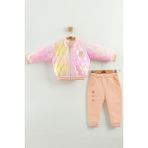 Kız Bebek Baskılı 3'lü Eşofman Takımı (Sweatshirt, Pantolon, Ceket) (9-12-18 Ay) - Somon - 12 Ay