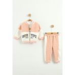 Kız Bebek Baskılı 3'lü Eşofman Takımı (Sweatshirt, Pantolon, Ceket) (9-12-18 Ay) - Somon - 9 Ay