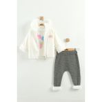 Kız Bebek Baskılı Sweatshirt, Pantolon ve Ceket 3'lü Takım (9-12-18 Ay) - Beyaz