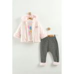 Kız Bebek Baskılı Sweatshirt, Pantolon ve Ceket 3'lü Takım (9-12-18 Ay) - Pembe