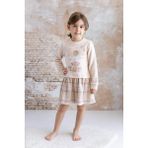 Kız Bebek Baskılı ve Tül Detaylı Garnili Elbise - Ekose - Krem - 3 Yaş