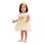 Kız Bebek Beyaz Bej Tüllü Çiçekli Bandanalı Elbise