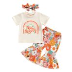 Kız bebek, çiçekli Groovy paça pantolon seti, 2/3 parça, doğum günü kıyafeti, tatlı harfler, tulum, tişört, pantolon, alın bandı seti, Boho yaz fotoğraf çekimi kıyafeti, Bej-b, Tek Beden