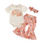 Kız bebek, çiçekli Groovy paça pantolon seti, 2/3 parça, doğum günü kıyafeti, tatlı harfler, tulum, tişört, pantolon, alın bandı seti, Boho yaz fotoğraf çekimi kıyafeti, Bej-C, 12-18 Ay