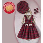 Kız Bebek & Çocuk Kırmızı Ekoseli Salopet Elbise & Şapka & Toka Takım