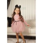 Kız Bebek-Çocuk Uzun Kollu Doğum Günü ve Özel Günler Için Kalpli Tüllü Astarlı Pamuklu Elbise - Gül Kurusu