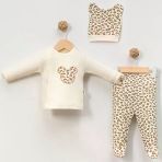 Kız Bebek Ekru Kahve Leopar Desenli Bereli Pijama Takımı 0-3 Ay