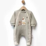 Kız Bebek Haki Yeşil Fistolu Tavşanlı Desenli Çıtçıtlı Patikli Tulum
