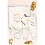 Kız Bebek Hastane Çıkışı 3’lü Set | Çiçekli Isimli Nakışlı %100 Pamuk Tulum Battaniye Şapka Eldiven - 0 - 3 Ay - 00406 Pembe