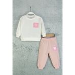 Kız Bebek Kalpli Eşofman Takım Desenli Sweatshirt ve Beli Lastikli Alt - 3 - 4 Yaş - Ekru