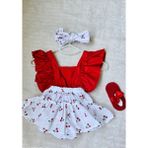 Kız Bebek Kiraz Desen Fırfırlı Kırmız Slopet Bandana Kırmızı Babet 3'lü Set - 12 - 18 Ay