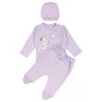 Kız Bebek Lila Yıldızlı Ayıcık Baskılı Patikli Pijama Takımı 0-3 Ay