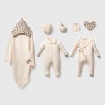 Kız Bebek Luxury Pamuklu Ekru-Leopar Desenli 8'li Hastane Çıkış Seti Kutulu - Battaniye, 2 Tulum, Şapka, Eldiven, Çorap, Önlük - Karışık - 0 - 3 Ay