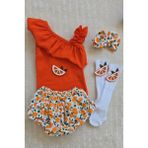 Kız Bebek Ribana Tek Kol Askılı Çıtçıtlı Turuncu Body Fırfırlı Portakal Desenli Etek Keçe Çorap Set - 6 - 9 Ay - Beyaz