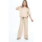 Kız Çocuk %100 Pamuk Oversize Yarım Kol Alt-Üst Eşofman TAKIM-AÜT-2007 - Bej - 10 - 11 Yaş