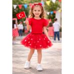 Kız Çocuk 19 Mayıs Tütü Takım – Kırmızı Kalp Detaylı Tül Etek & Fırfırlı Üst - 7 - 8 Yaş