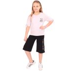 Kız Çocuk 2'li Takım Baskılı Bisiklet Yaka T-Shirt & Beli Lastikli Cepli Kapri Şort - Yırtmaç Detaylı