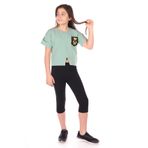 Kız Çocuk 2'li Takım Baskılı Bisiklet Yaka T-Shirt & Beli Lastikli Crop Tayt - Yırtmaç Detaylı