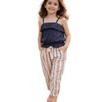 Kız Çocuk Askılı Crop Siyah T-Shirt Çizgili Pantolon İkili Takım (Siyah - Renkli Çizgili, 4-5 Yaş)