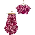 Kız Çocuk Beli Lastikli Desenli Pantolon Bluz Takım - Fuşya - 4 - 5 Yaş