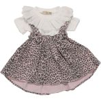 Kız Çocuk Beyaz Pembe Leopar Desenli Fiyonklu Kot Salopet Jile Elbise - 1015741 - 4 Yaş - Çok Renkli