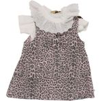 Kız Çocuk Beyaz Pembe Leopar Desenli Tek Fiyonklu Kot Elbise - 1015742 - 4 Yaş - Çok Renkli
