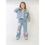 Kız Çocuk Çiçek Desenli Nakışlı Mavi Kot Pantolon ve Kot Ceket Takım-Bayramlık - 4-5 Y - 13M-Mavi