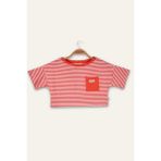 Kız Çocuk Çizgili Çep Detaylı Crop T-Shirt - Coral Çizgili - 5 - 6 Yaş