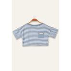 Kız Çocuk Çizgili Çep Detaylı Crop T-Shirt - Mavi Çizgili - 9 - 10 Yaş