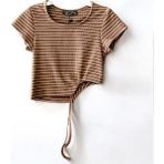 Kız Çocuk Çizgili Yandan Biyeli Crop Bluz - Vizon - 7 - 8 Yaş