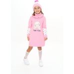 Kız Çocuk Elbise Gökkuşağı Üstünde Kedi Desenli Bere ve Atkılı 3'lü Takım - 7 - 8 Yaş - Şeker Pembe