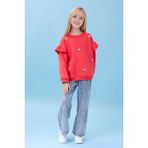 Kız Çocuk Fırfır Detaylı Çiçek Işlemeli Şardonlu Oversize Sweatshirt - Nar Çiçeği