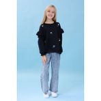 Kız Çocuk Fırfır Detaylı Çiçek Işlemeli Şardonlu Oversize Sweatshirt - Siyah - 3 - 4 Yaş