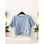 Kız Çocuk Fitilli Yarım Kol Crop T-Shirt - Mavi - 11 - 12 Yaş