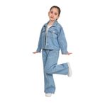 Kız Çocuk Fiyonk Desenli Jean Ceket ve Geniş Paça Pantolon Takımı (Standart, MAVİ, 5-6 YAŞ)