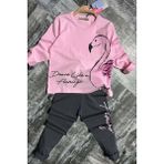 Kız Çocuk Flamingo Baskı ve Yazı Detaylı Pembe Taytlı Takım - 3 - 4 Yaş