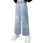 Kız çocuk geniş bacak kot bol kesim denim vintage pantolon rahat geniş bacak kot pantolon sokak giyimi cepli elastik esnek bel, Yırtık kot pantolon, 11-12 Jahre