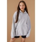 Kız Çocuk Gri Basic Uzun Kol Şardonlu Kapüşonlu Sweatshirt 19191 - 8 - 9 Yaş