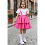 Kız Çocuk Helen Pembe Askılı Kat Kat Bağlama Jile Elbise Dantel Detay Ekru Kısa Kollu Bluz Takım TKM-0181.3 - 2 - 3 Yaş - Beyaz - Pembe