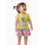 Kız Çocuk İkili Takım – Arkadan Düğmeli Pamuklu T-Shirt ve Renkli Baskılı Şort (Sarı-Pembe, 6-9 Ay)