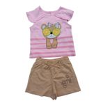 Kız Çocuk İkili Takım Baskılı Pembe T-Shirt Bej Şortlu (Pembe-Bej, 18-24 Ay)