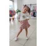 Kız Çocuk Kabarık Kollu Çiçek Nakışlı Bluz ve Deri Görünümlü Fırfırlı Etekli Takım - Ekru - Pudra - 6 - 7 Yaş