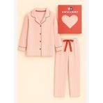 Kız Çocuk Kalpli Kutulu Çizgili Pijama Takımı Pembe