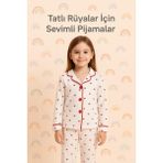 Kız Çocuk Kalpli Önden Düğmeli Pamuklu Pijama Takımı - Kırmızı - 12 - 18 Ay