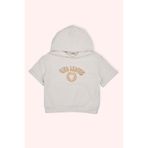 Kız Çocuk Kapüşonlu Kısa Kollu Ön Bedeni Simli Nakışlı Cepli Bej Sweatshirt 10 Yaş (140 cm)