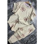 Kız Çocuk Kelebek Desenli T-Shirt Krem Pijama Takımı 8-14 Yaş