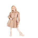 Kız Çocuk Kemer Detaylı Geniş Kesim Uzun Deri Kaban (Bej, 8 Yaş)