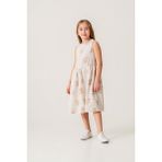 Kız Çocuk Keten Ekru Çiçek Desenli Elbise - Yazlık Şıklık - 6 - 7 Yaş - Kahverengi