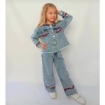 Kız Çocuk Kırmızı Nakış Detaylı Kot Ceket Pantolon Takım Takım Bayramlık - 5-6 Y - 00Mavi