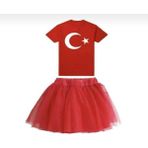 Kız Çocuk Kısa Kol Atatürk Baskılı T-Shırt Tütü Etek Takım Okul Gösteri 23 Nisan 29 Ekim 10 Kasım - 5 Yaş